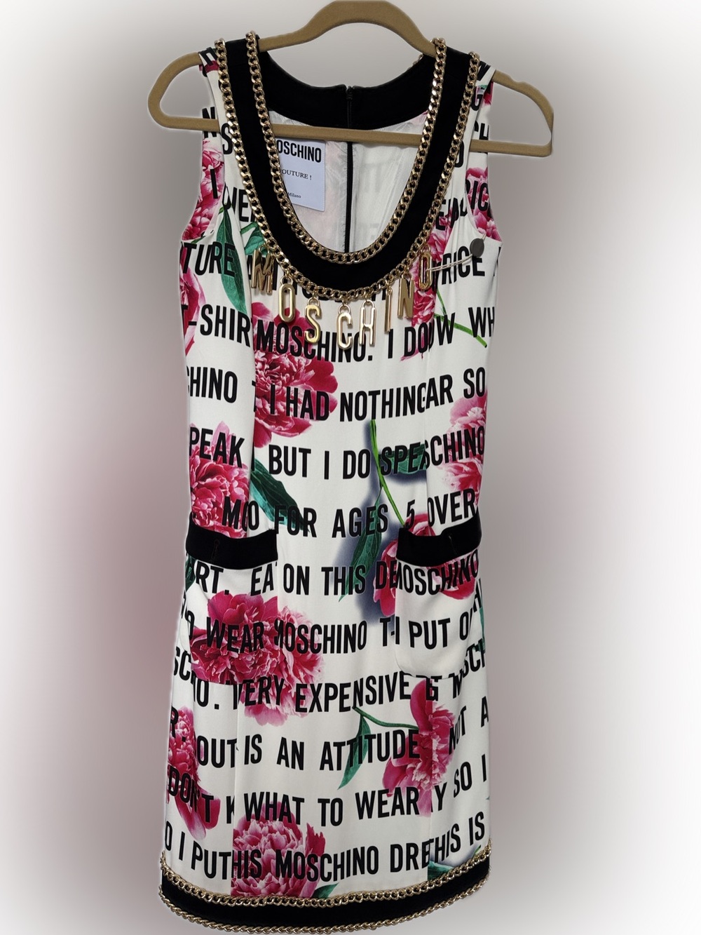Moschino White Dress with Pink Floral and Black Text Print size 40 (S)